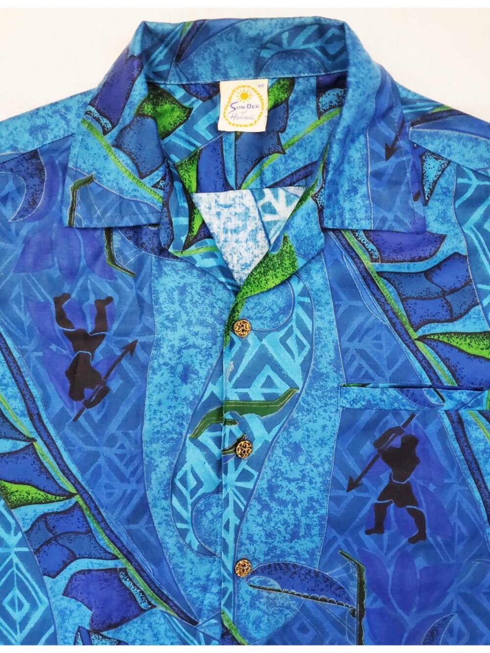 Vintage 1960's Sun Dek of Hawaii Mens Spearfishing Hawaiian Shirt Blue Green M
